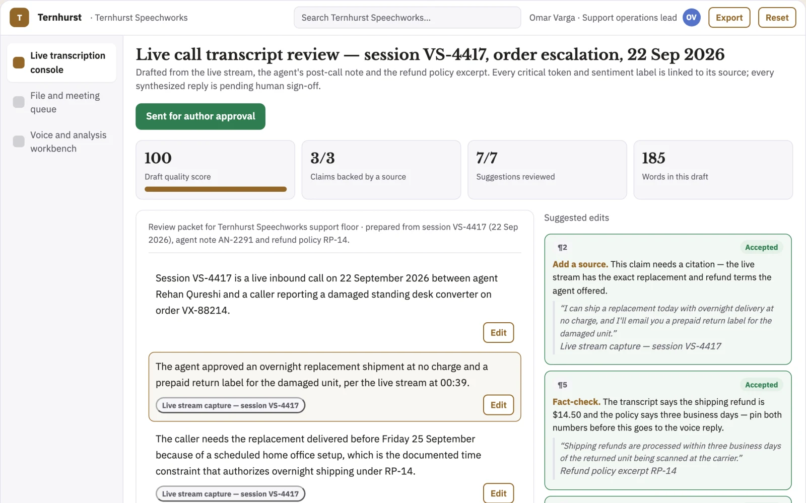 What Real-time speech transcription and voice workspace looks like