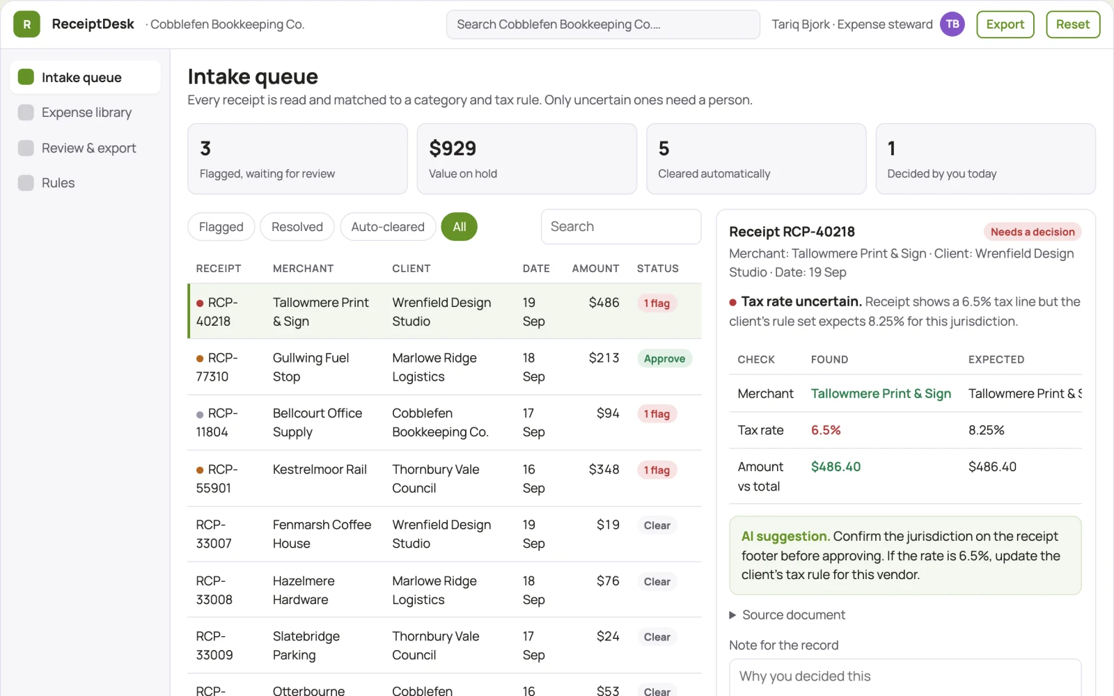 What Receipt capture and expense data stewardship console looks like