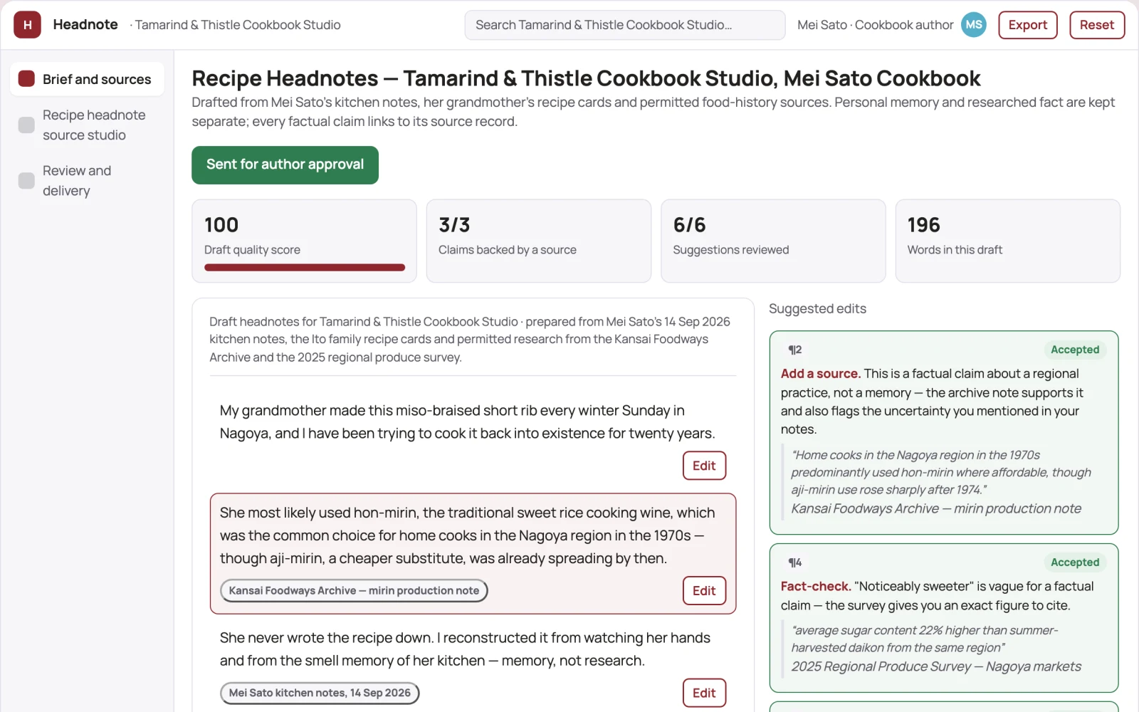 What Recipe headnote source studio looks like