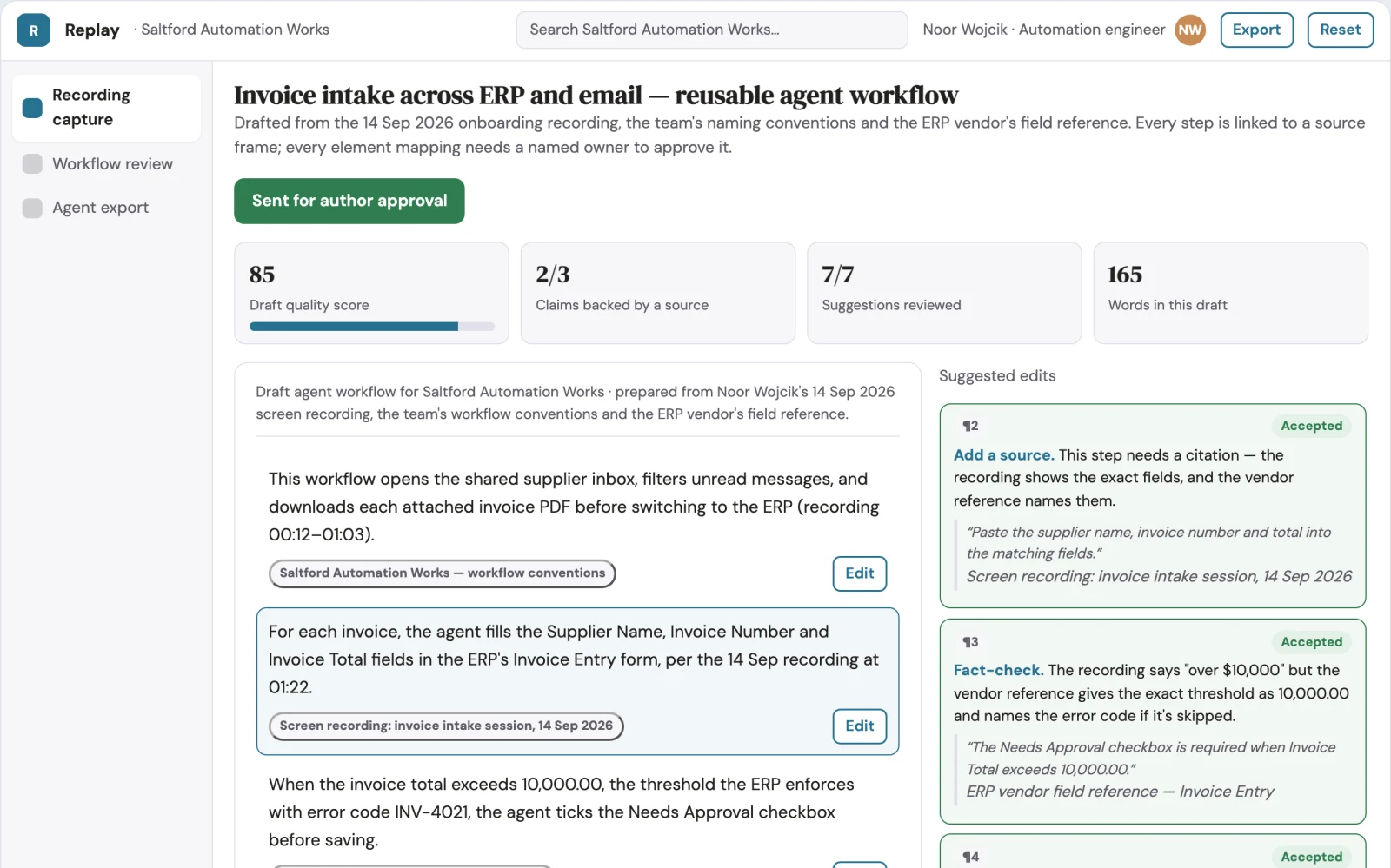 What Recorded task to reusable agent workbench looks like