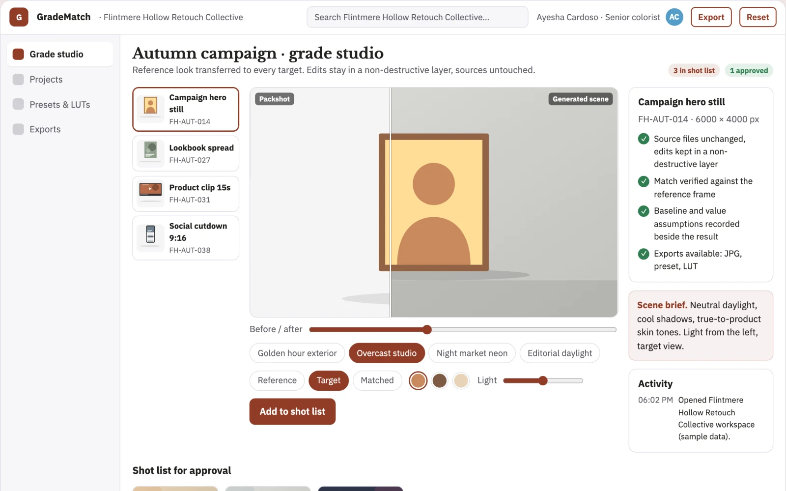 What Reference-driven color transfer and grade export studio looks like