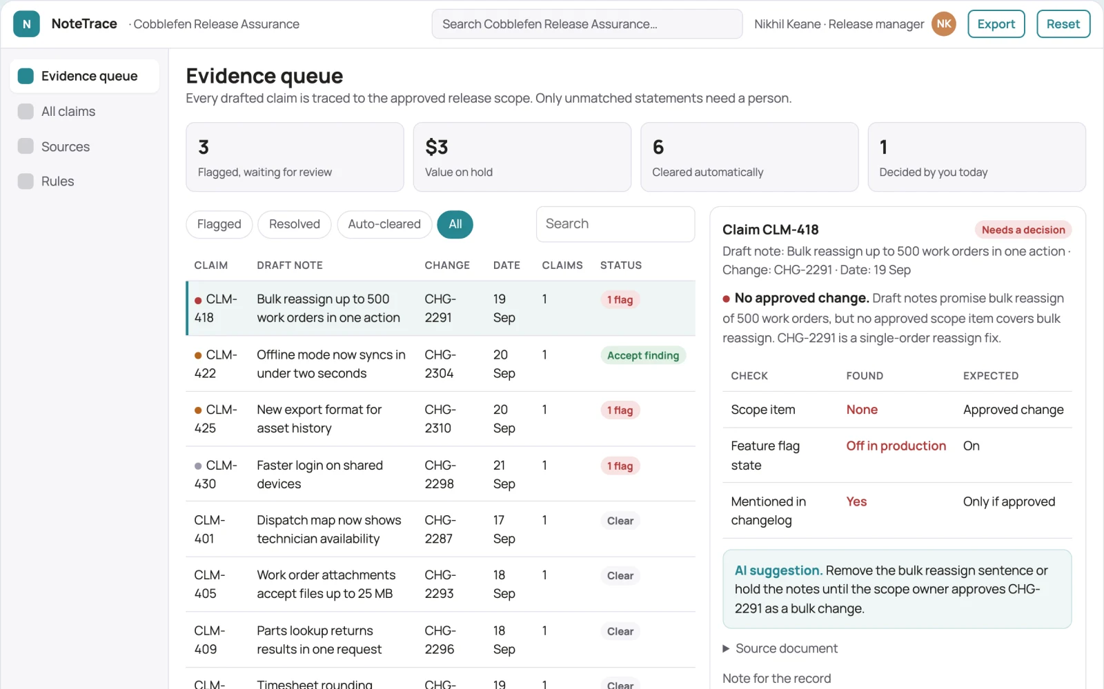 What Release note evidence validator looks like
