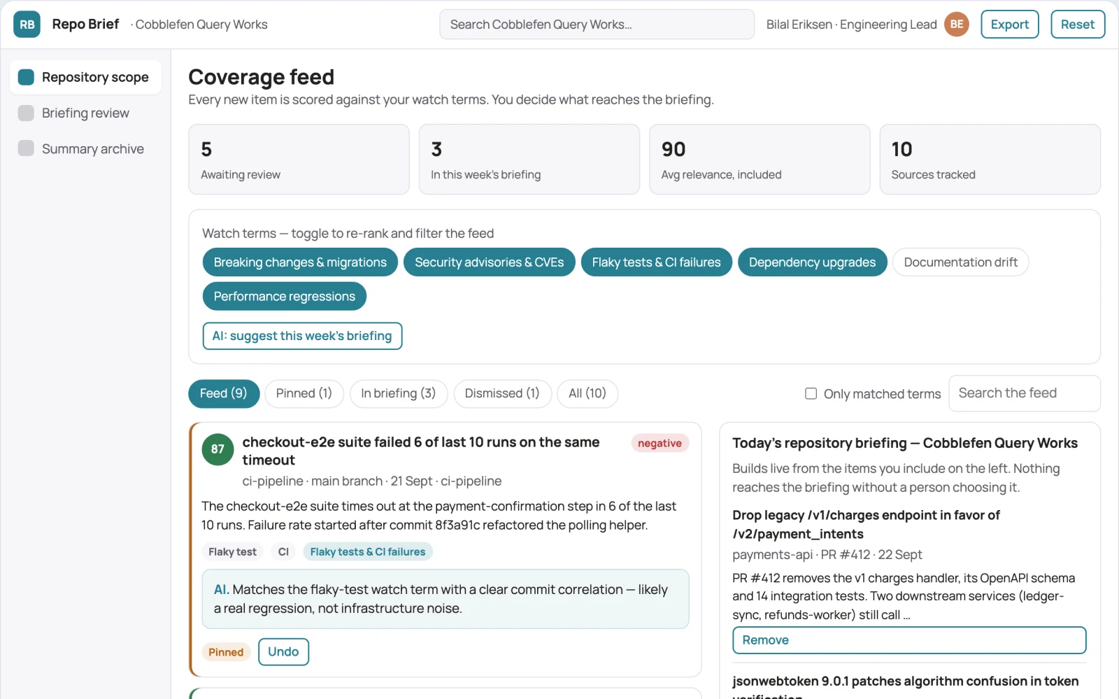 What Repository activity summary and briefing subscription looks like