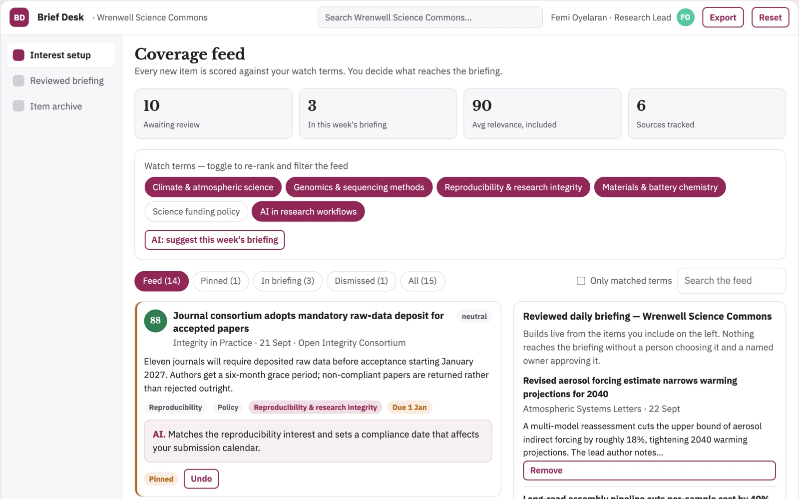 What Research feed curation and briefing workbench looks like