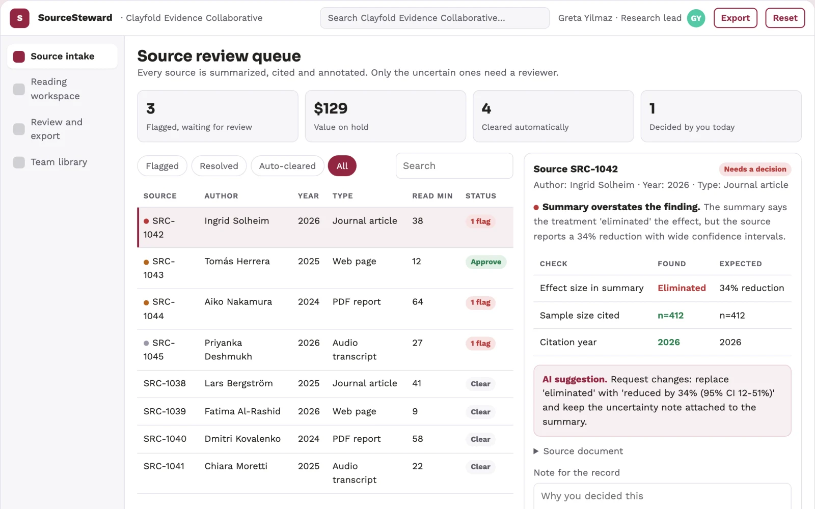 What Research reading and source stewardship console looks like