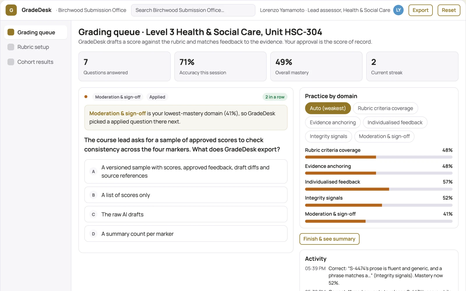 What Role-based assessment grading and feedback console looks like