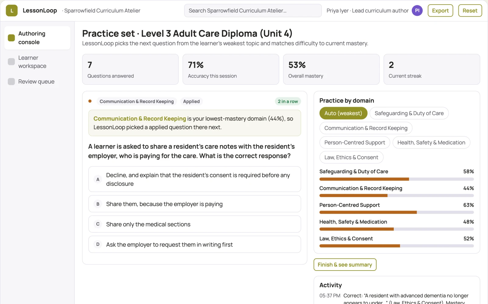 What Role-based learning and course authoring workspace looks like