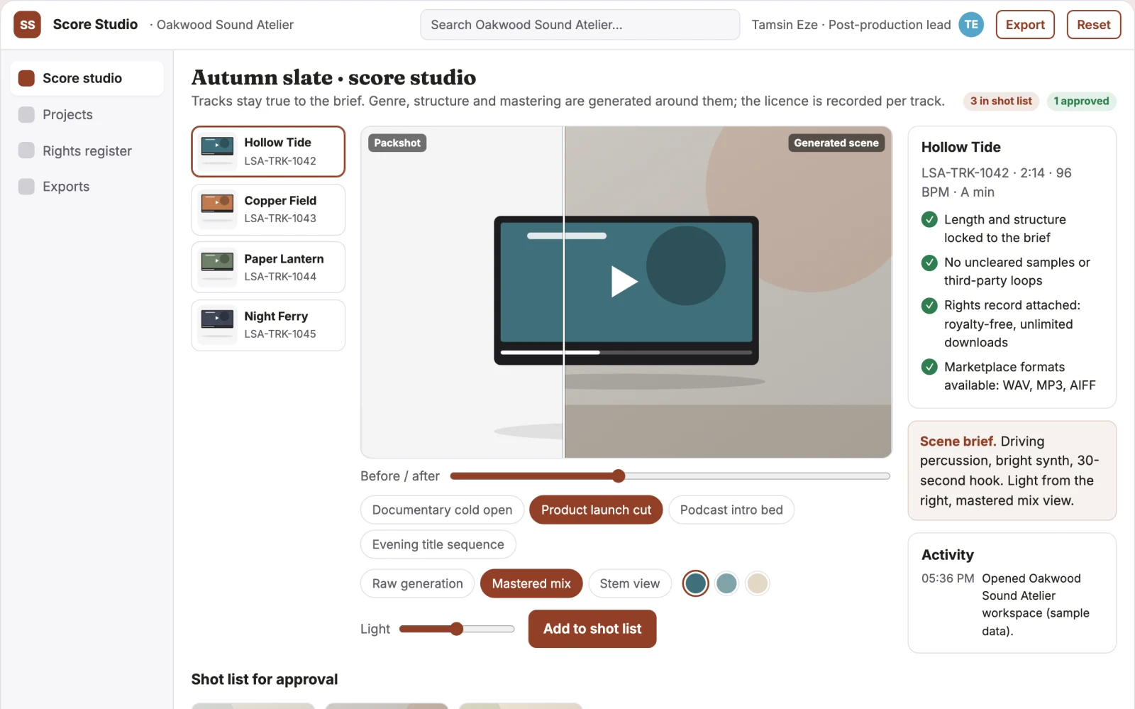 What Royalty-free music generation and licensing workbench looks like