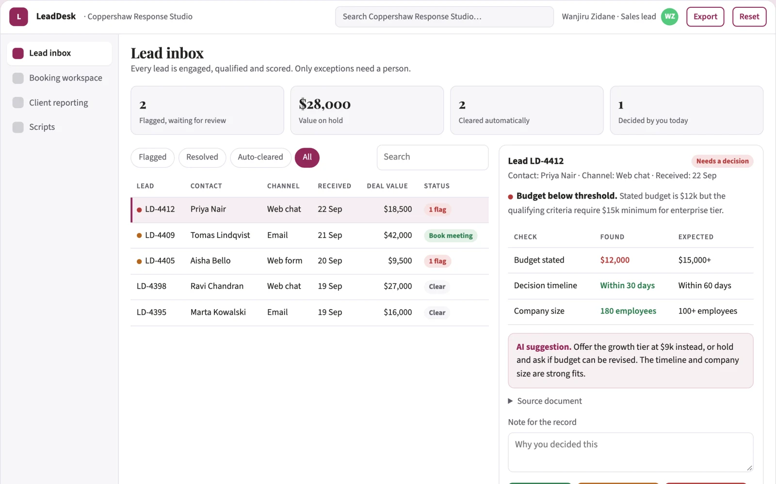 What Sales lead engagement and booking coordination portal looks like