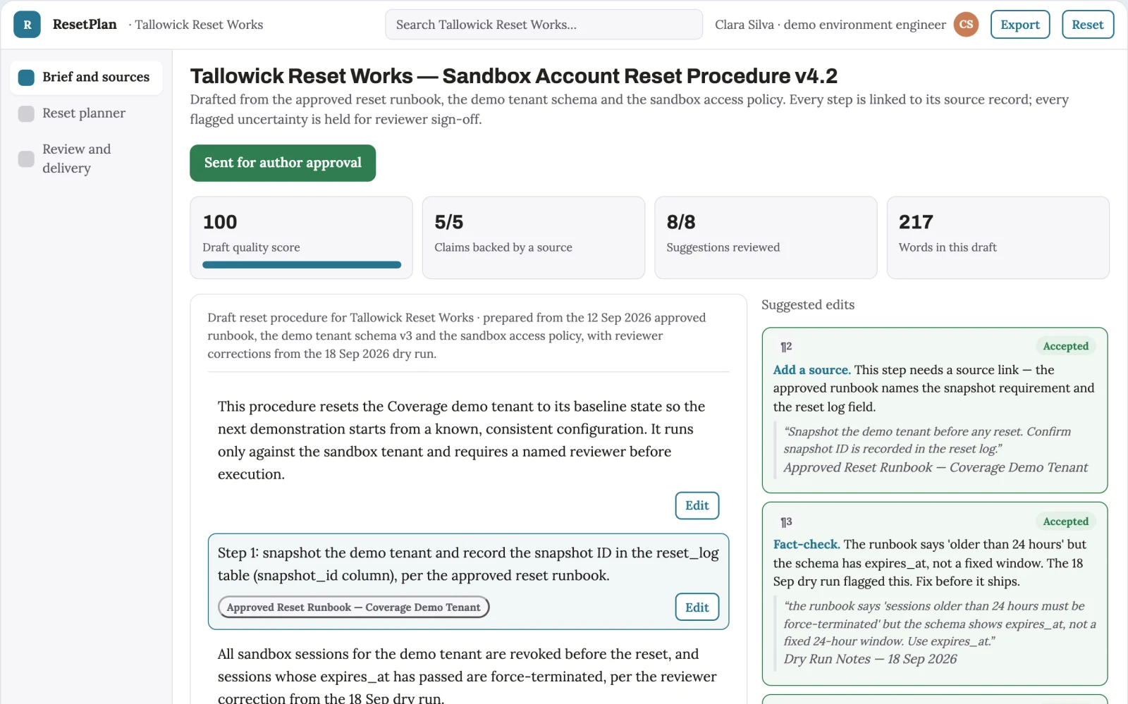 What Sandbox account reset planner looks like