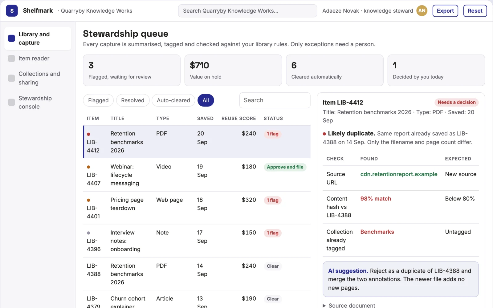 What Saved knowledge library and stewardship console looks like