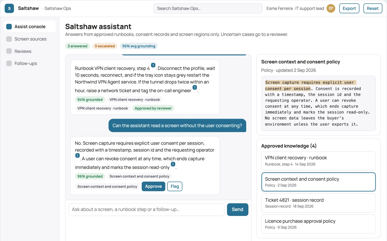What Screen-aware assistant and admin console looks like