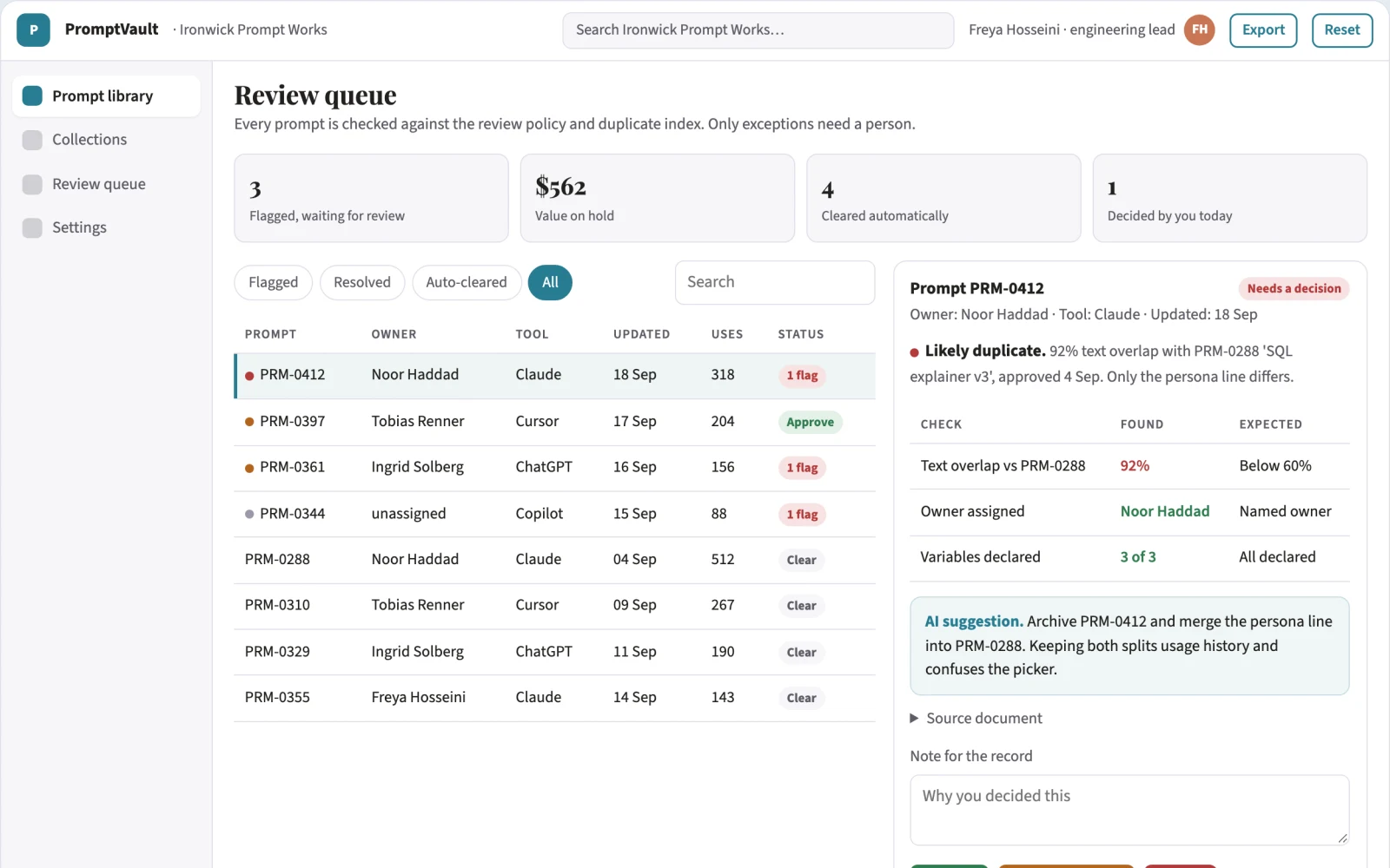 What Searchable prompt library and reuse console looks like