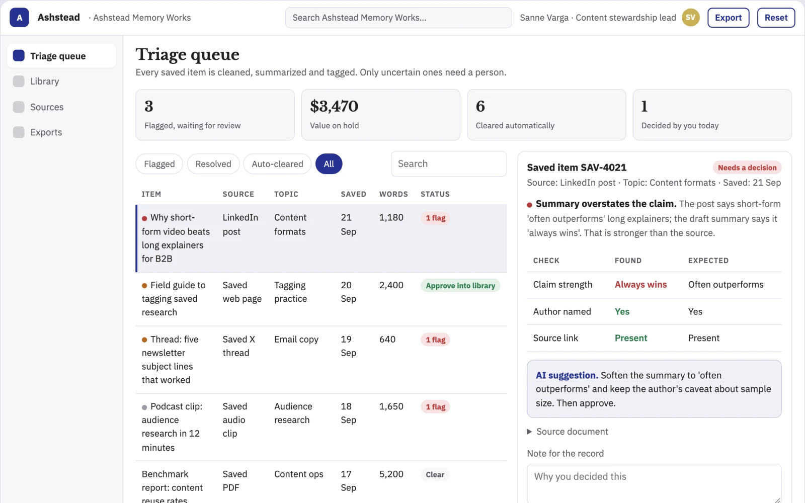 What Searchable saved-content library and stewardship console looks like