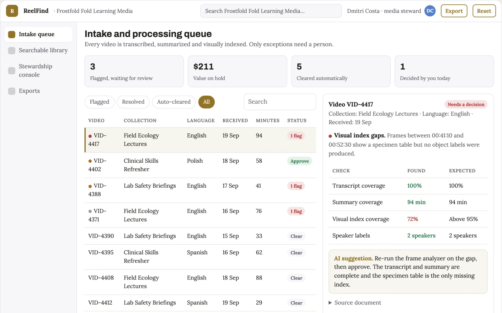 What Searchable video knowledge library and stewardship console looks like