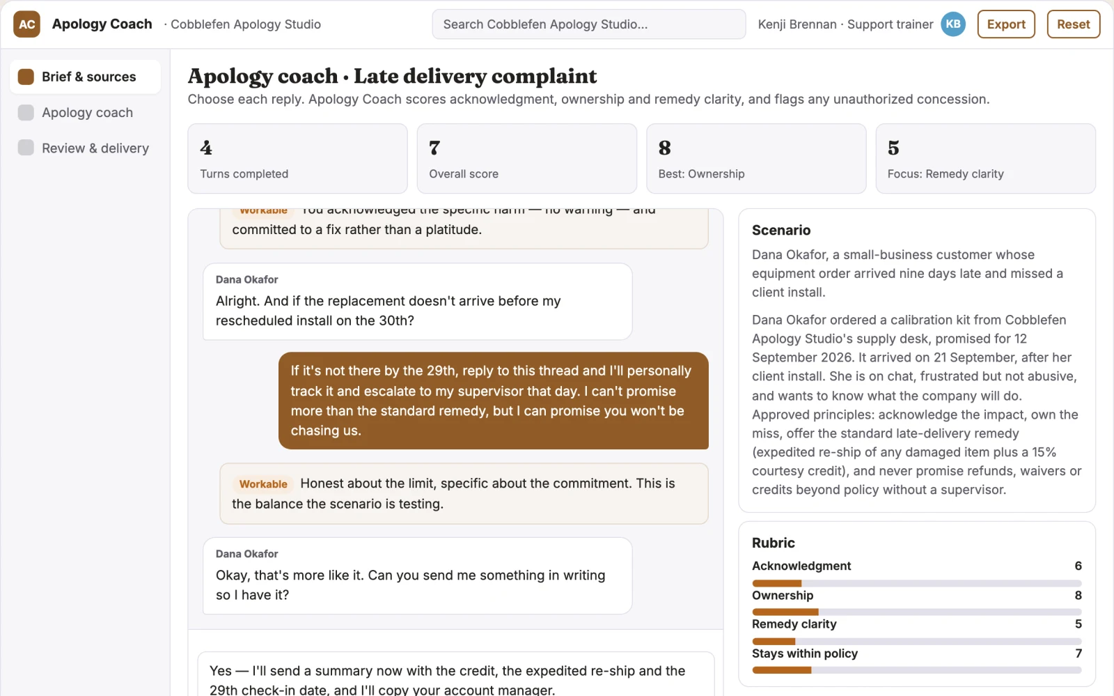 What Service apology quality coach looks like