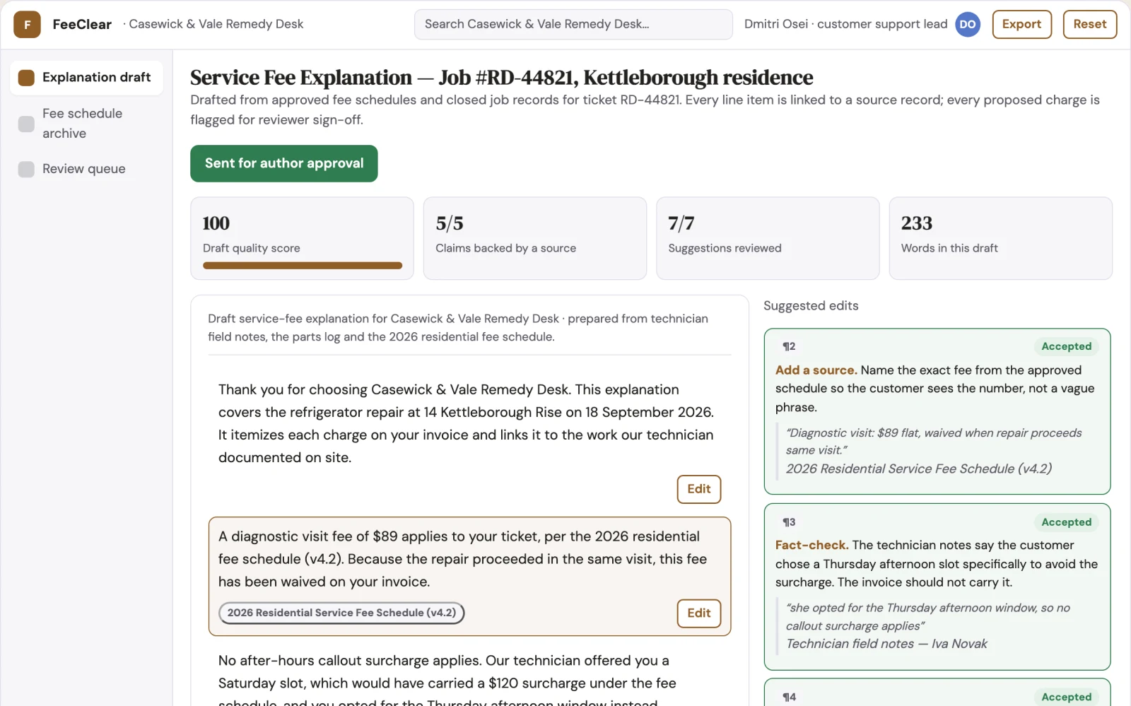 What Service fee explanation builder looks like
