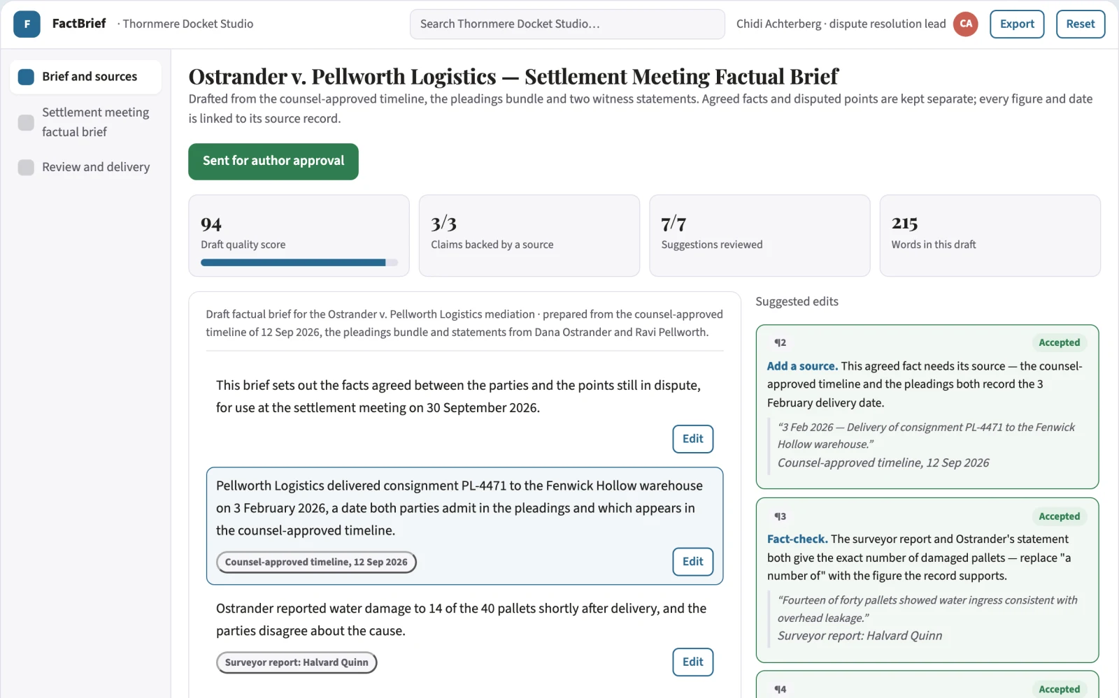 What Settlement meeting factual brief looks like
