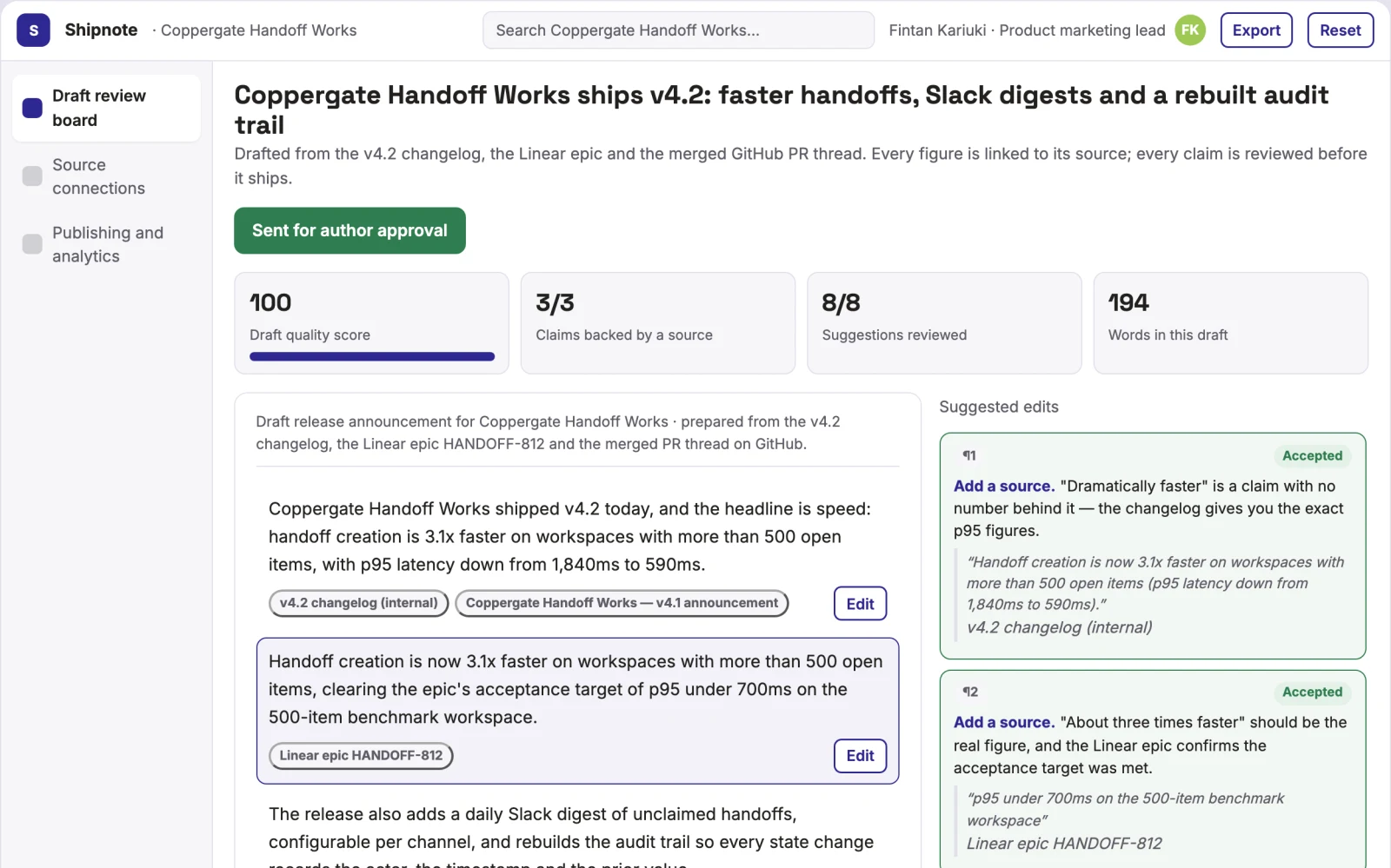 What Shipped-work content publishing workspace looks like