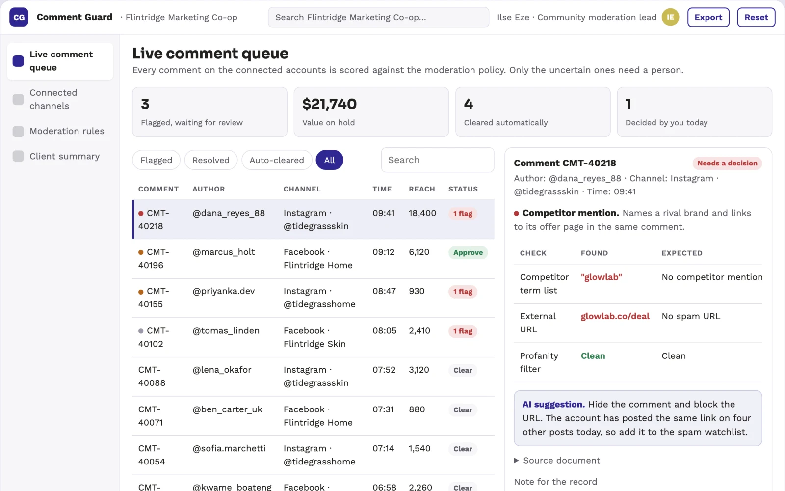 What Social comment moderation and brand protection portal looks like