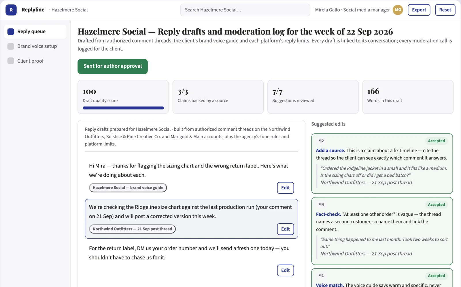 What Social reply generation and moderation workspace looks like