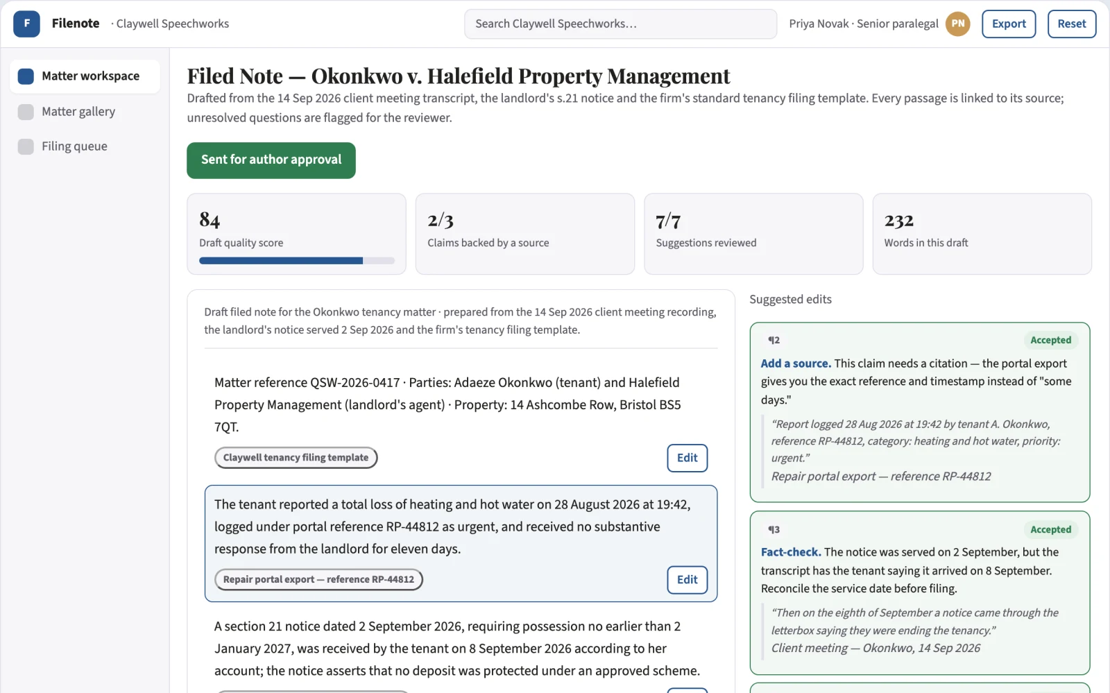 What Source audio to filed legal note workbench looks like