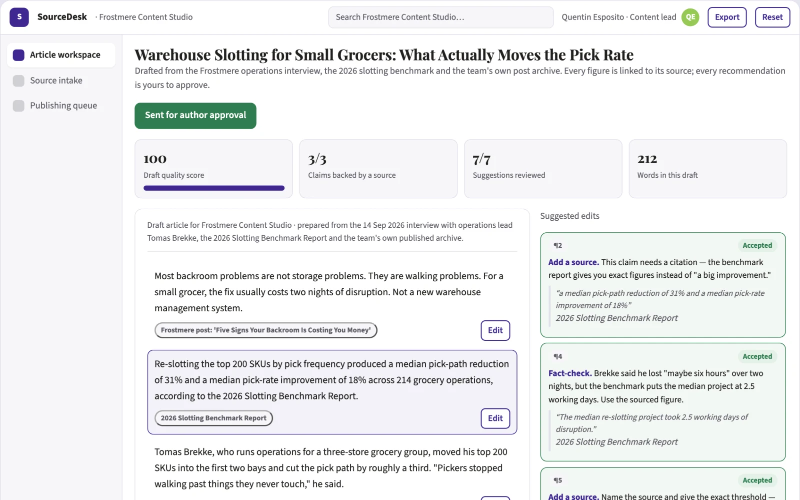What Source-based article production and publishing workspace looks like