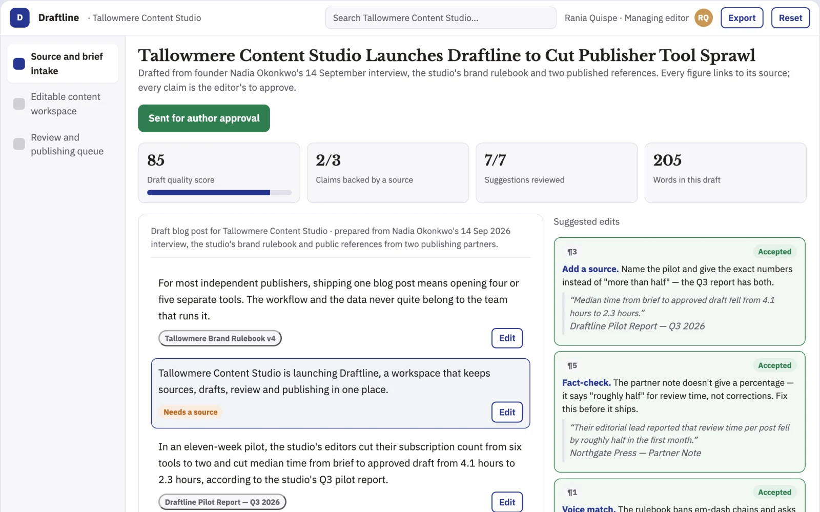What Source-based blog and website publishing workspace looks like