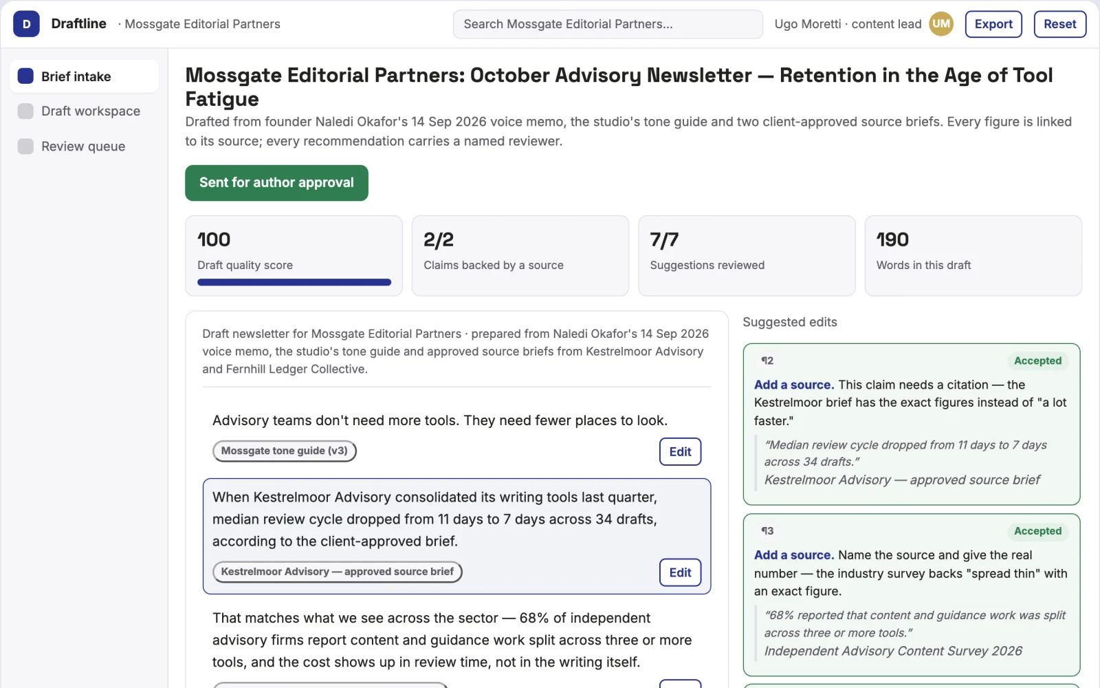 What Source-based content and guidance workspace looks like