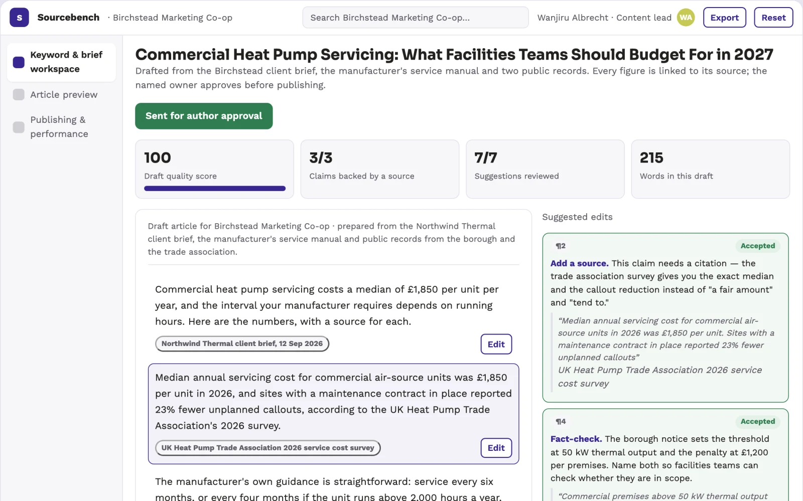 What Source-based content production and SEO workbench looks like