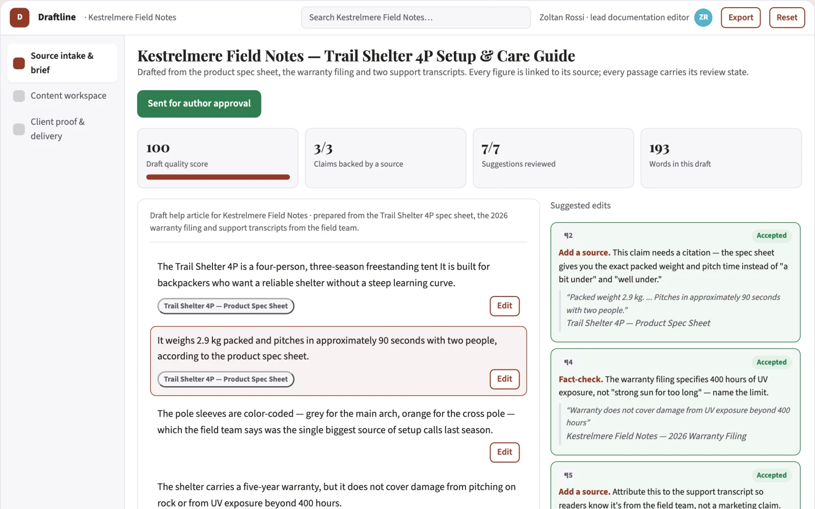 What Source-based content workspace with editorial delivery looks like