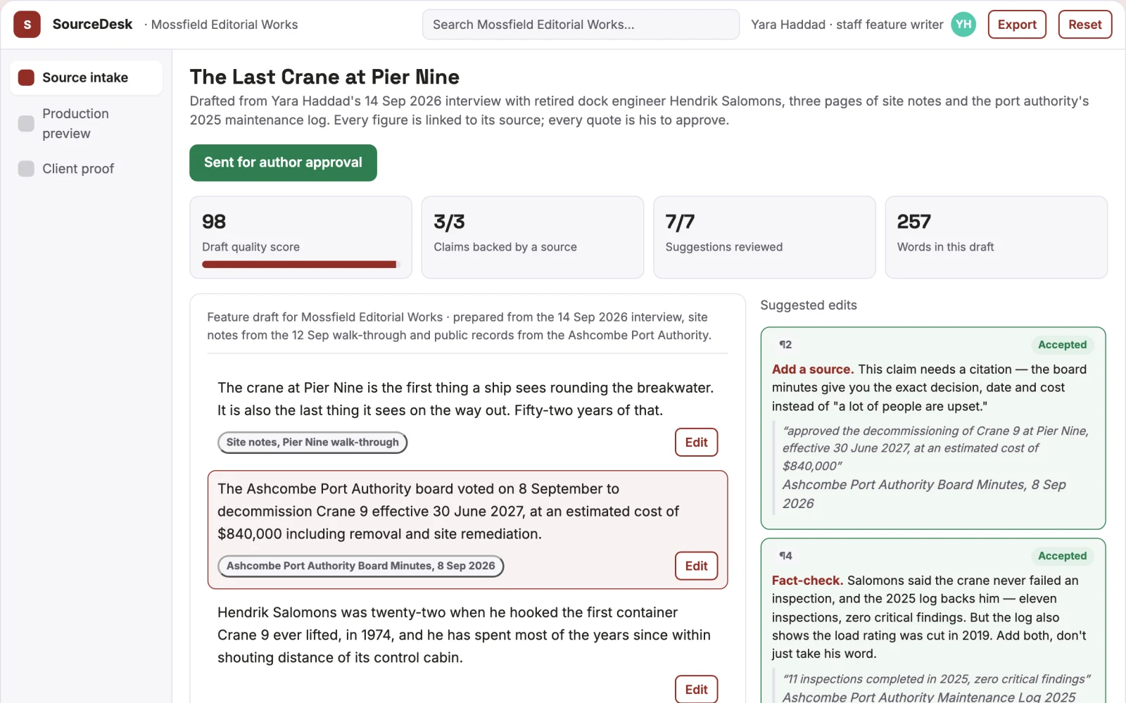 What Source-based content workspace with editorial delivery looks like