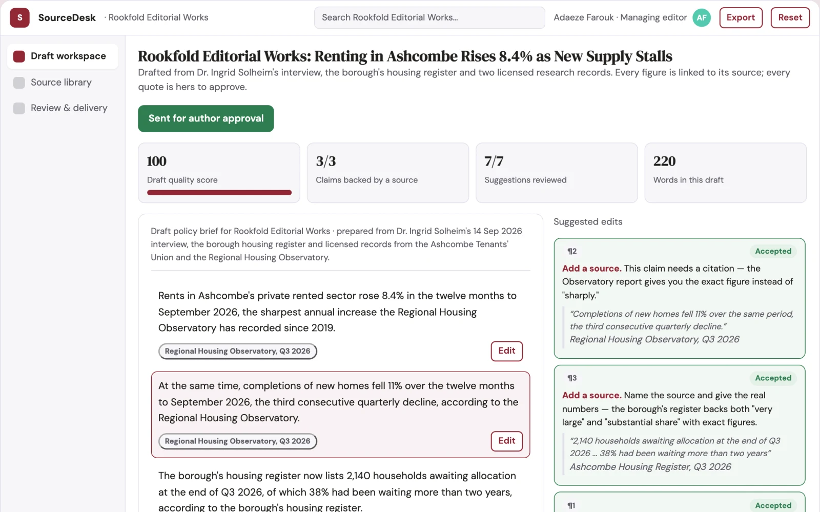 What Source-based document workspace with editorial delivery looks like