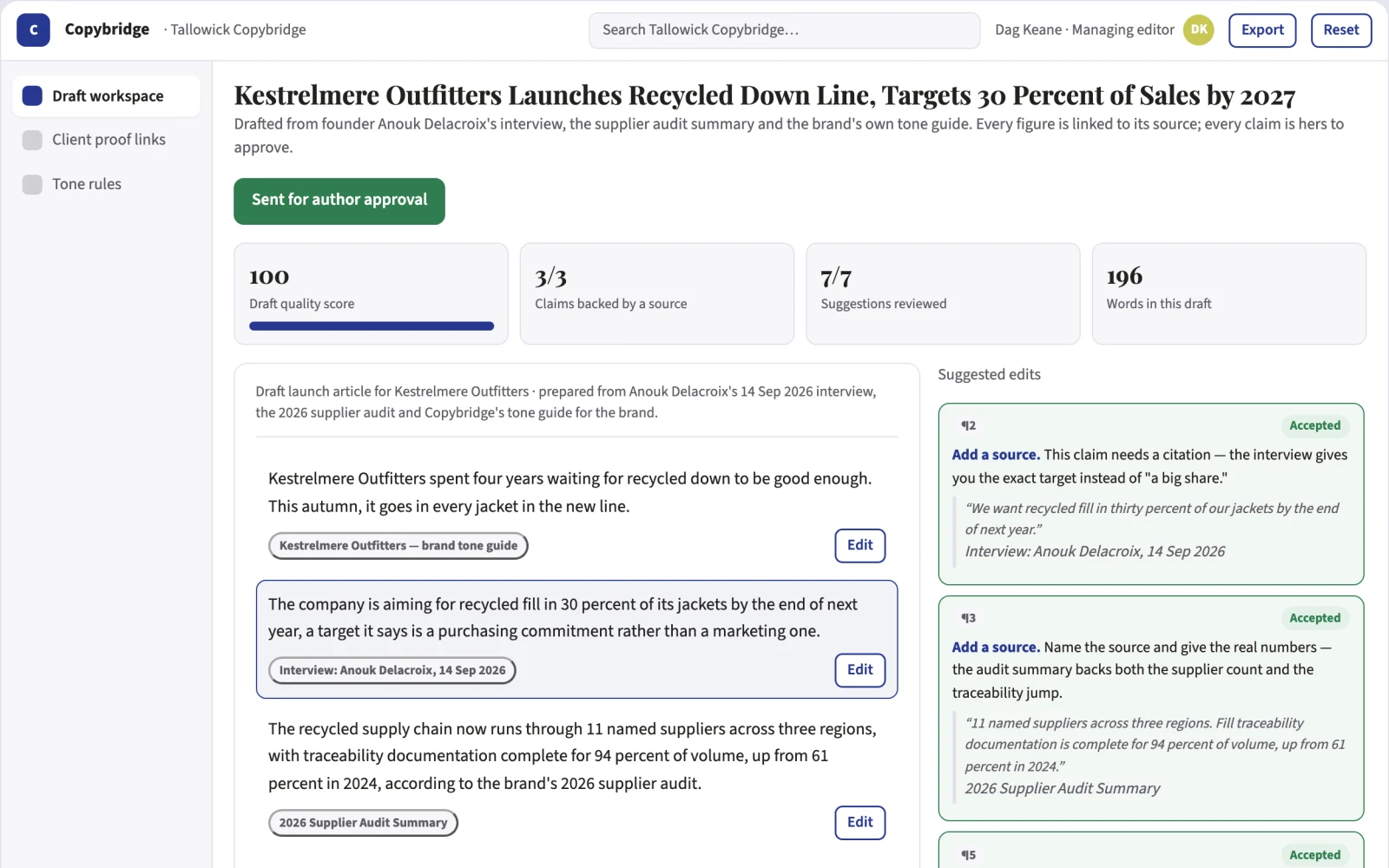 What Source-based human-tone content workspace looks like