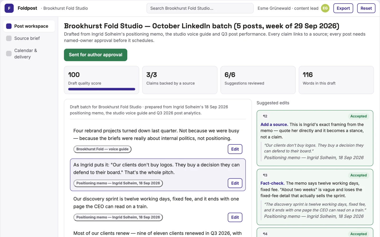 What Source-based LinkedIn content and scheduling workspace looks like