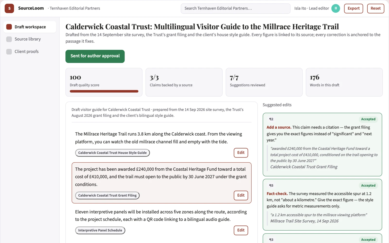What Source-based multilingual writing review workspace looks like