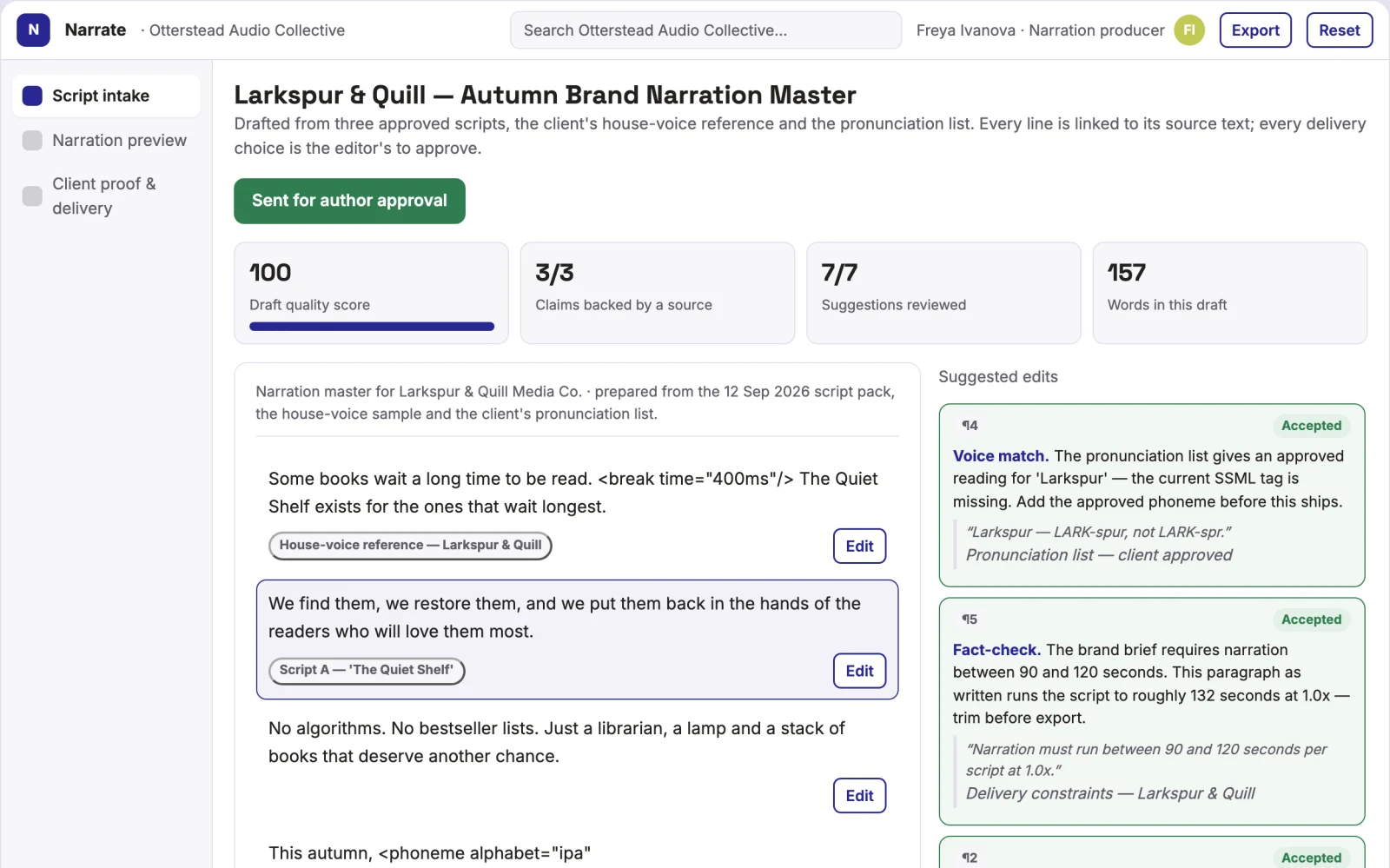 What Source-based narration production workspace looks like