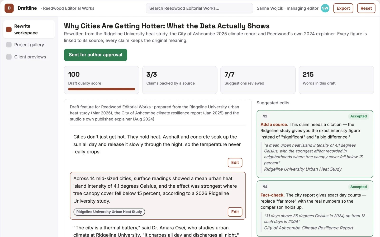 What Source-based rewriting and editorial delivery workspace looks like