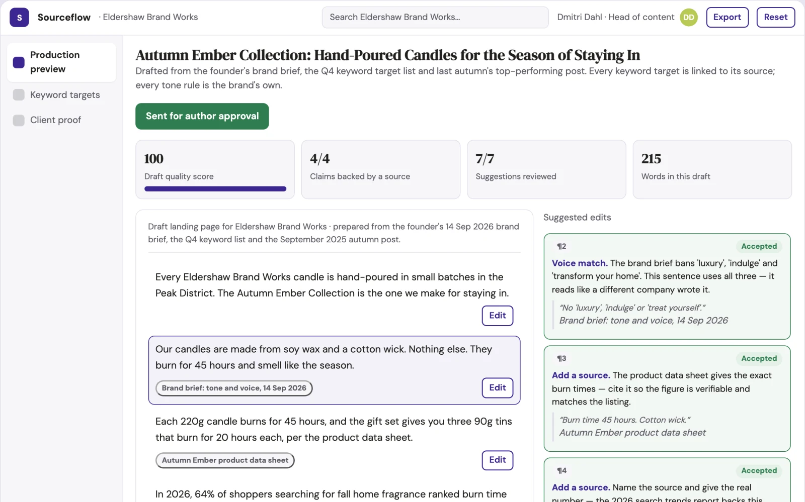 What Source-based SEO content production workspace looks like