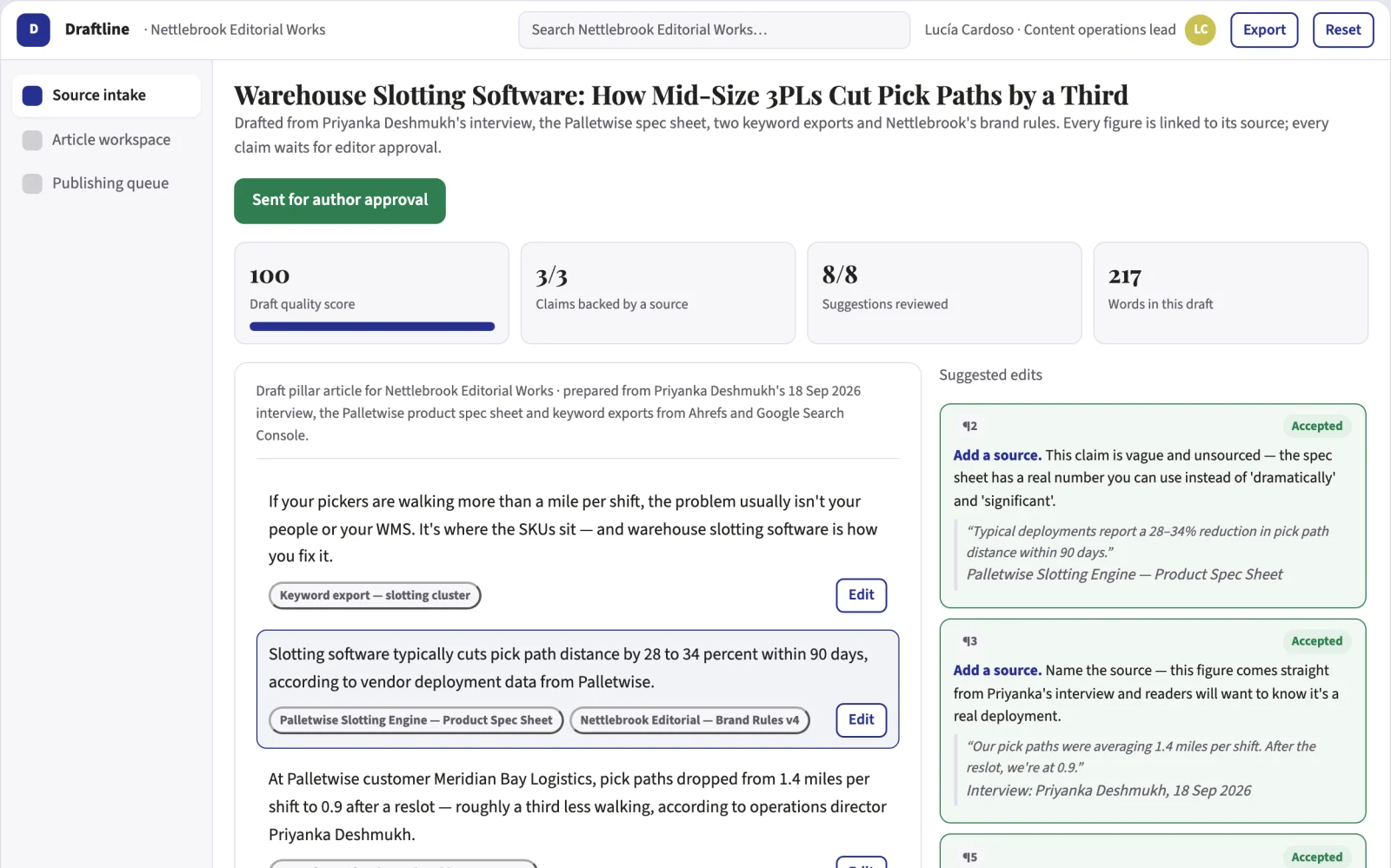 What Source-based SEO content publishing workspace looks like