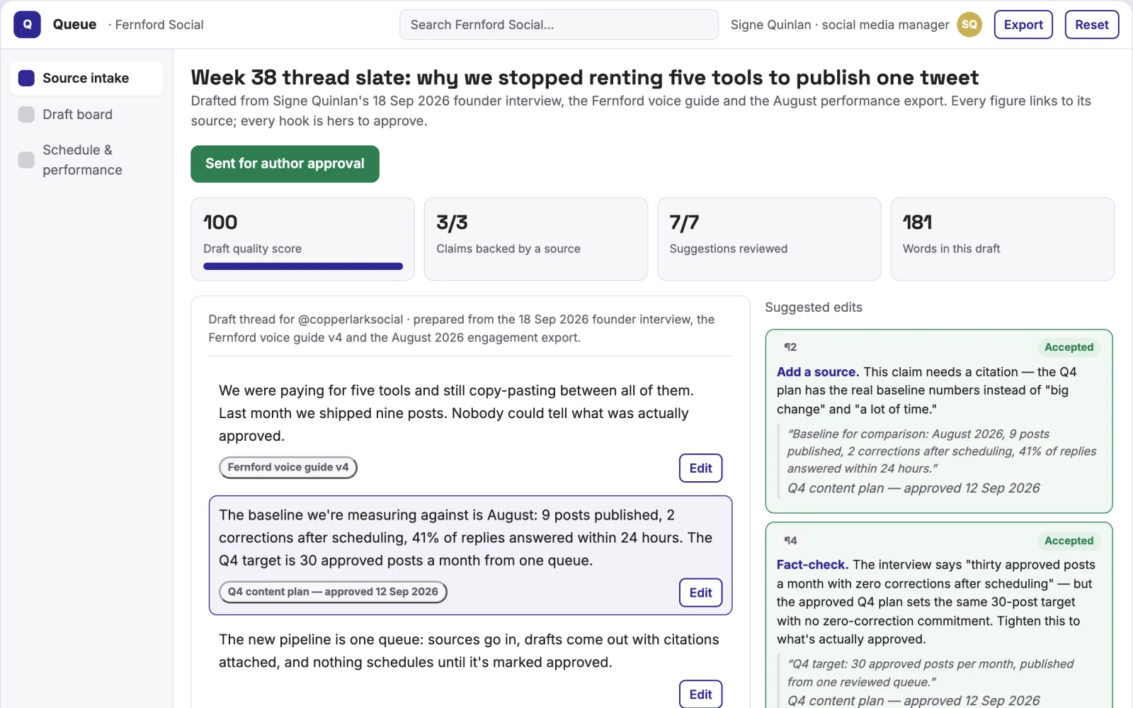 What Source-based social content planning and publishing workspace looks like