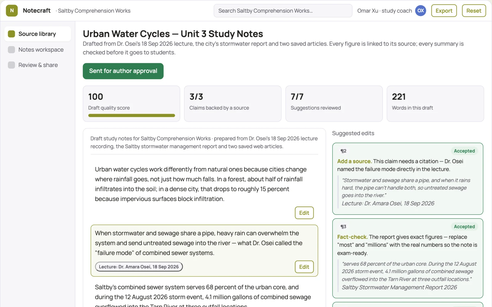 What Source-based study notes and audio workspace looks like