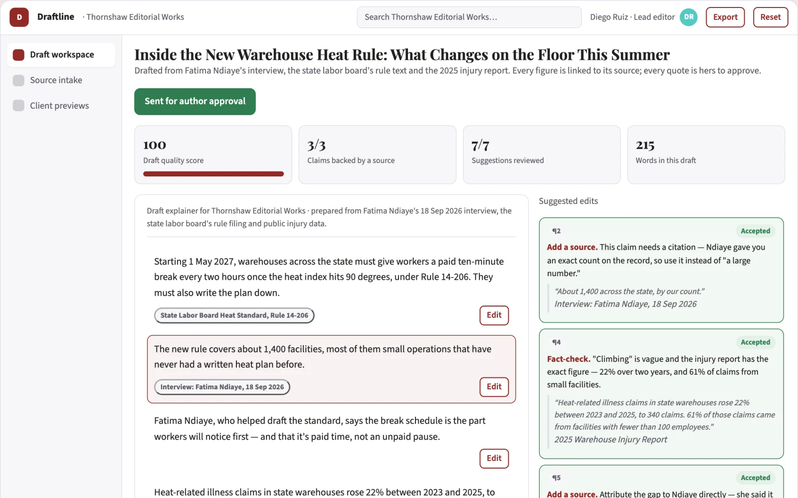 What Source-based writing and editorial delivery workspace looks like