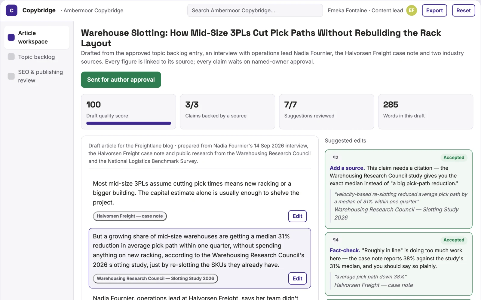 What Source-grounded blog production and SEO workspace looks like