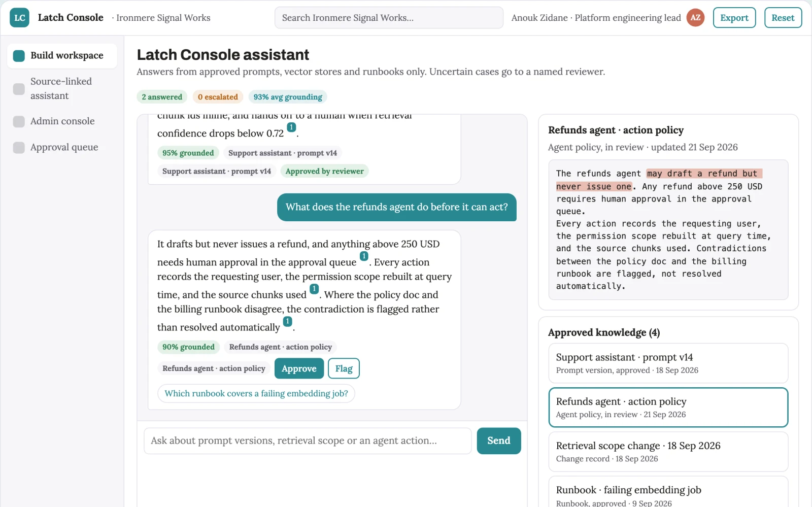 What Source-linked AI application build and operations console looks like
