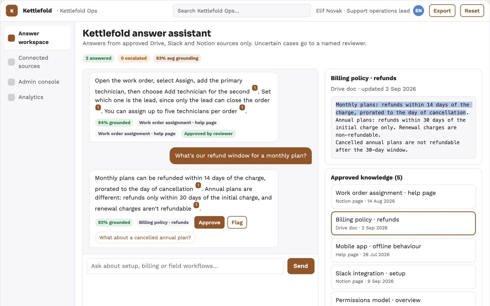 What Source-linked answer assistant and admin console looks like