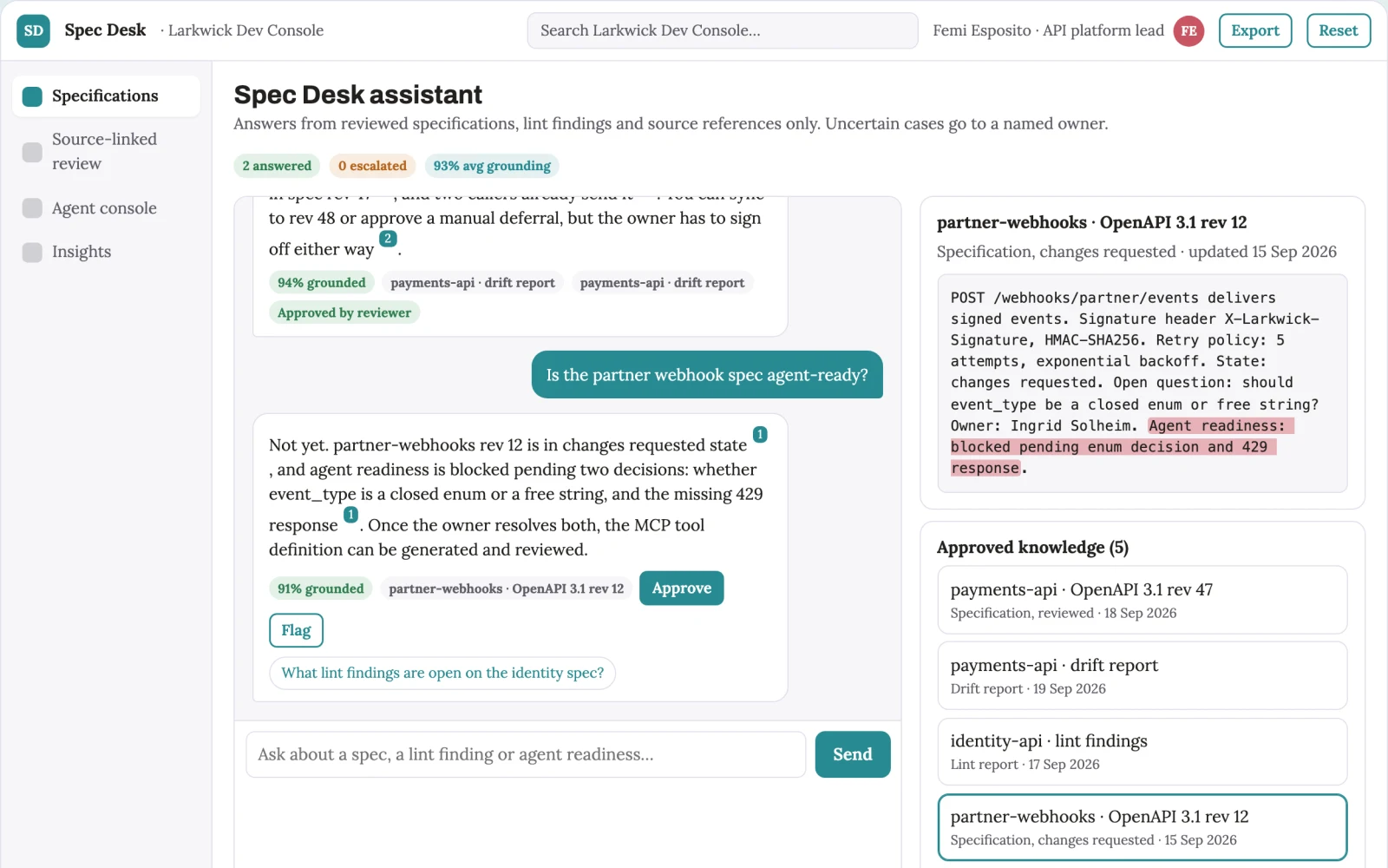 What Source-linked API specification and agent-readiness workbench looks like