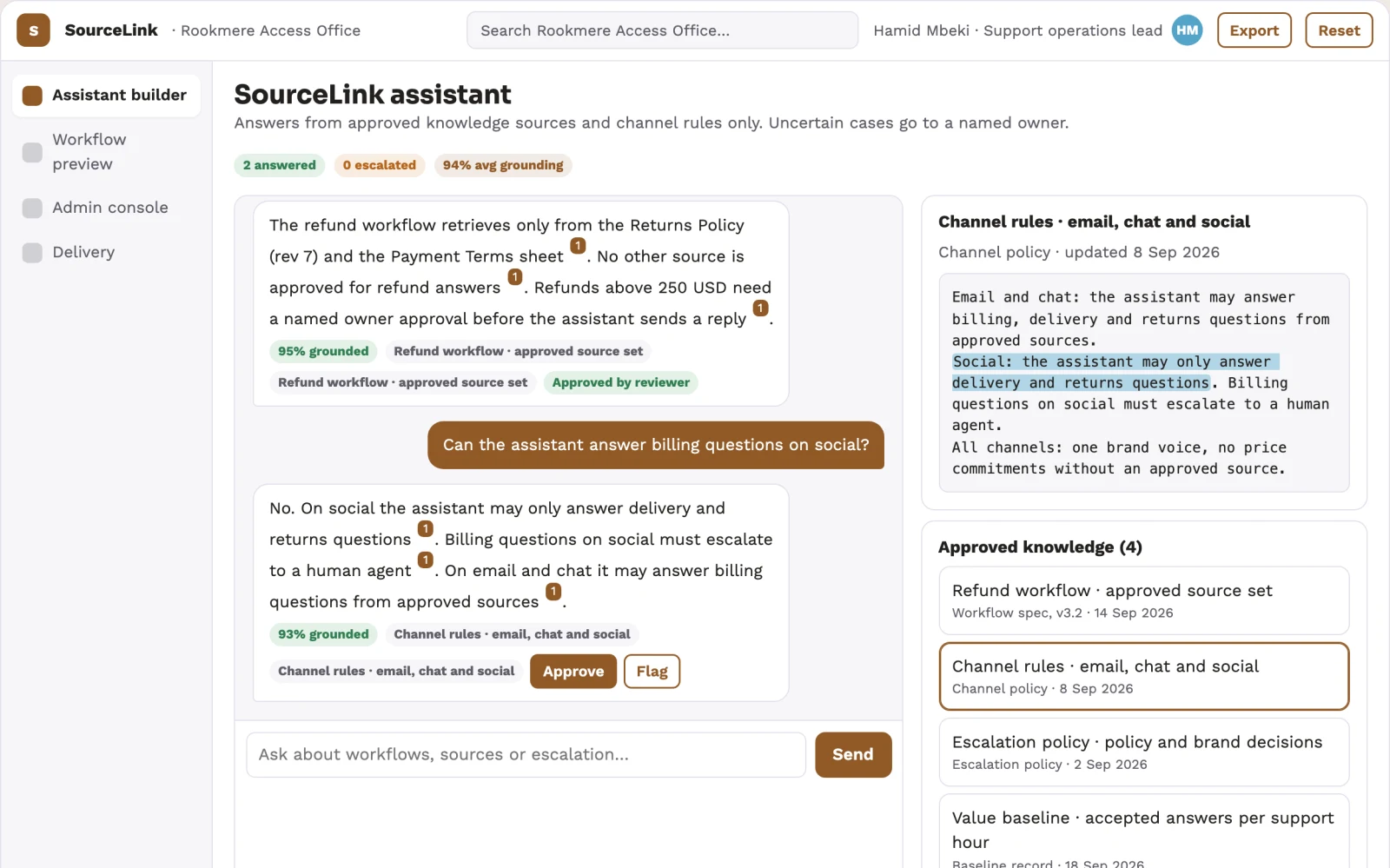 What Source-linked assistant deployment console looks like