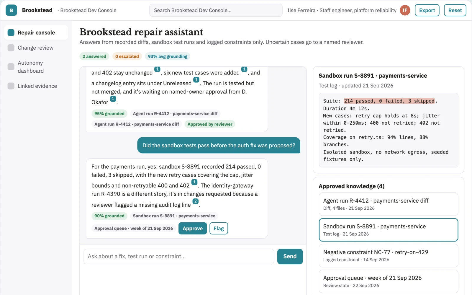 What Source-linked autonomous code repair console looks like