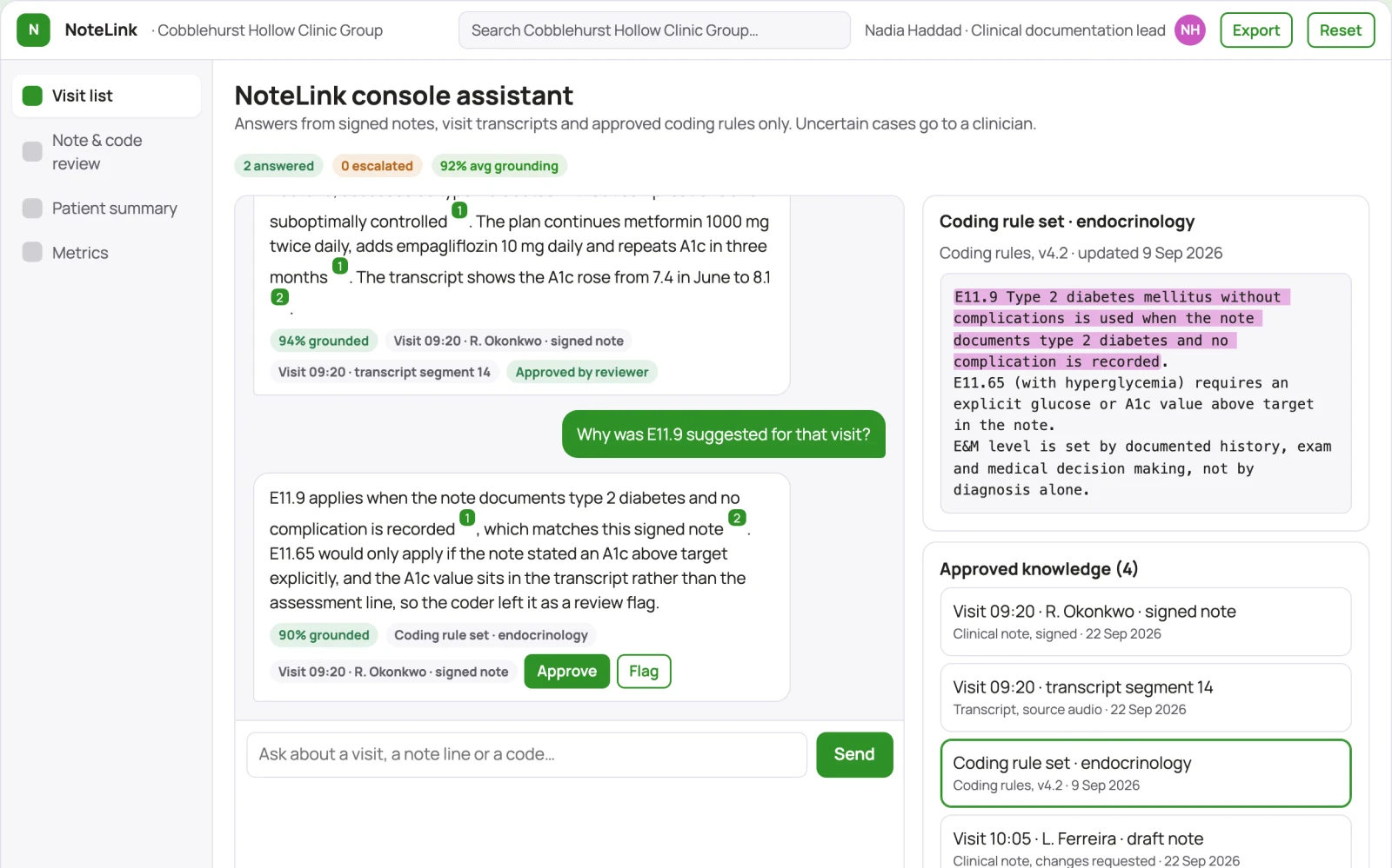 What Source-linked clinical documentation and coding console looks like